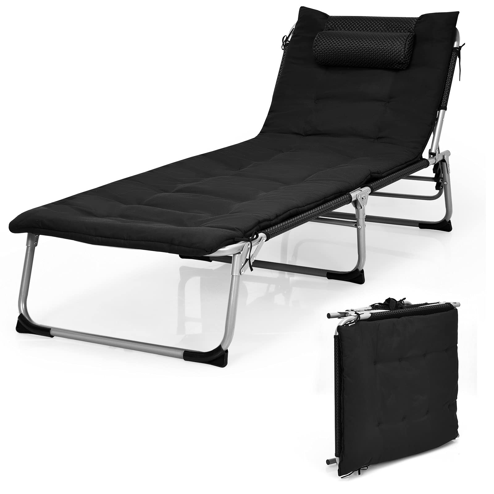 Tangkula Chaise longue pliante 4 positions, Chaise longue portable pliable en trois avec matelas, oreiller, pochette latérale